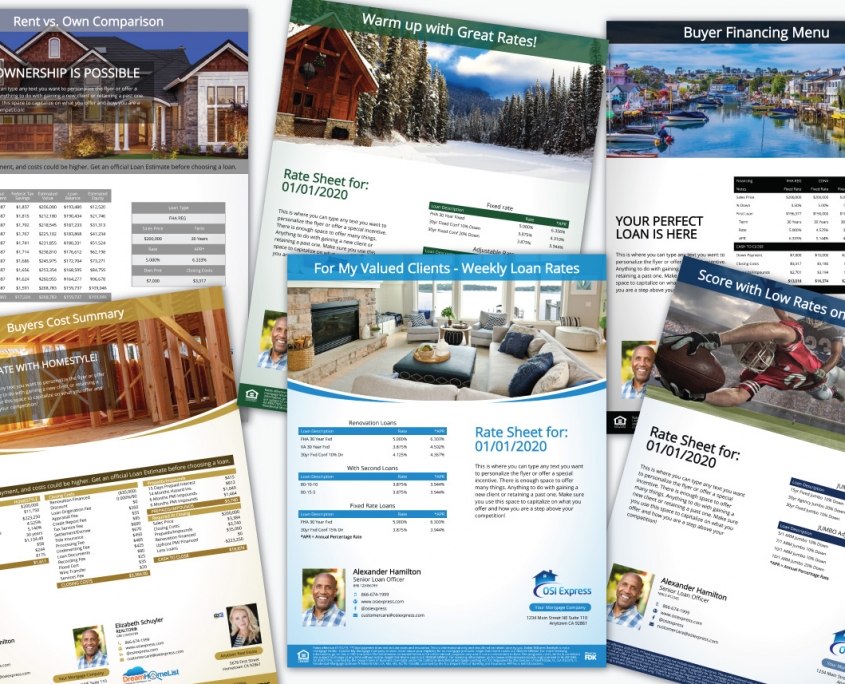 Rate sheet marketing flyers are quick and easy. The same automatic loan calculations used for home financing flyers are used to correctly calculate the APR. Each rate sheet flyer is branded with your profile and colors, just the same as the house flyers.