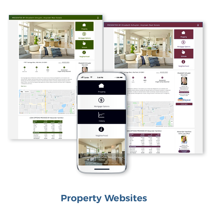 Beautiful home property websites showcasing the home listing that are co-branded for loan officer and REALTOR®. Consumers see neighborhood statistical data, the loan officer’s loan options and all property photos. A PDF house flyer is available on the property website.